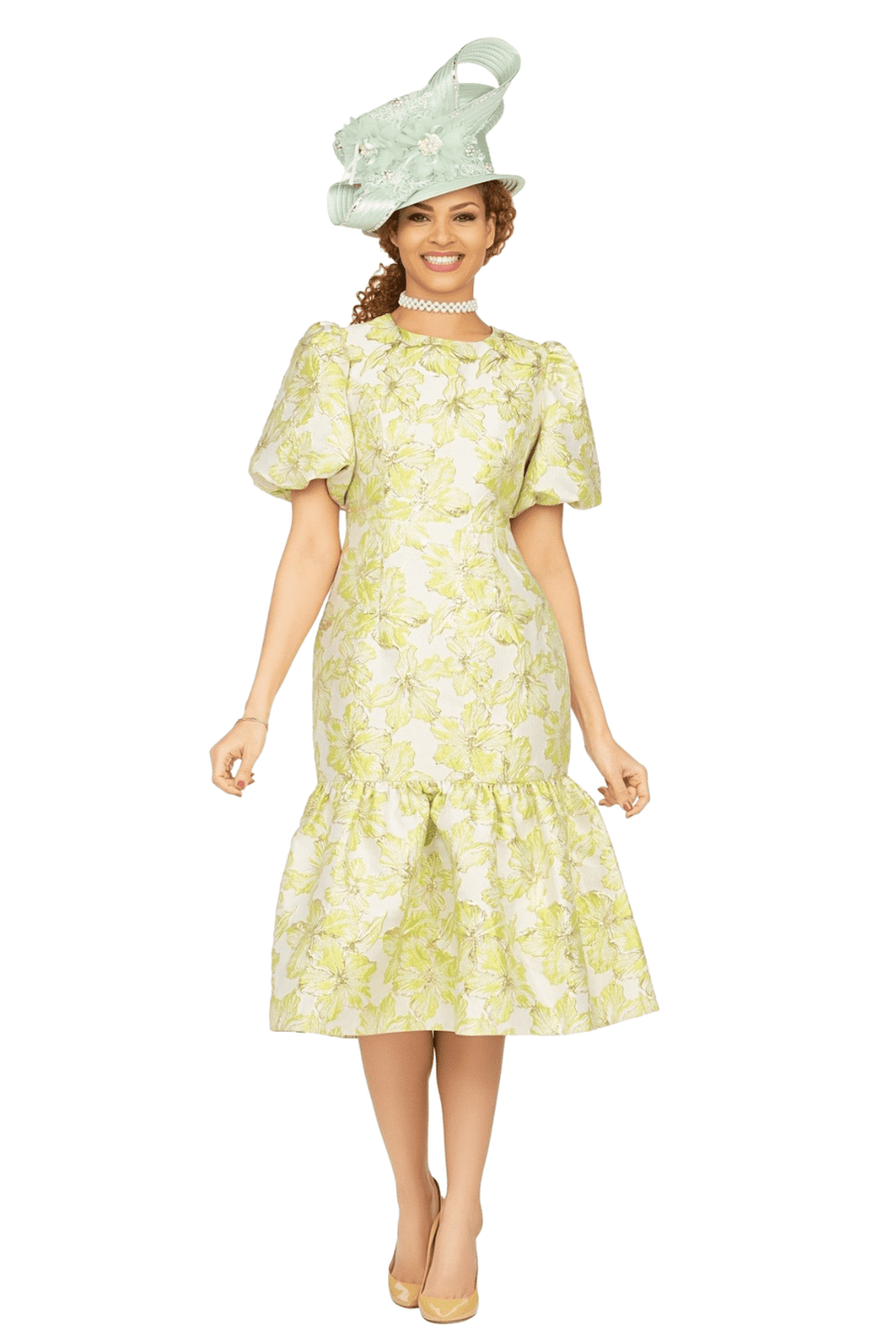 Floral Brocade Short Balloon Slv Mermaid Dress - Especially Yours