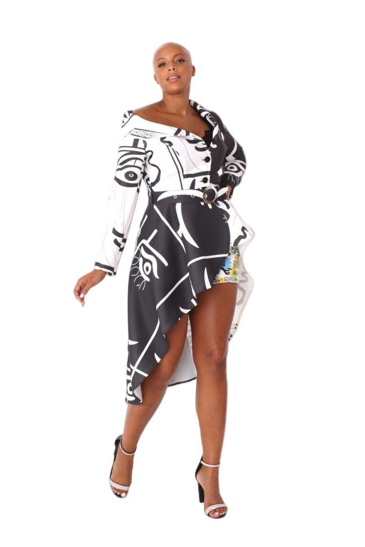 Long Scuba Abstraction Print Belted Jacket - 81973 - Especially Yours