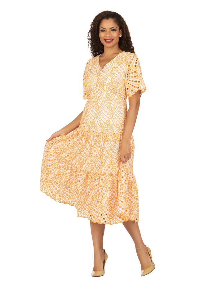 V-neck Cotton Blend A-line Tiered Eyelet Dress - Especially Yours