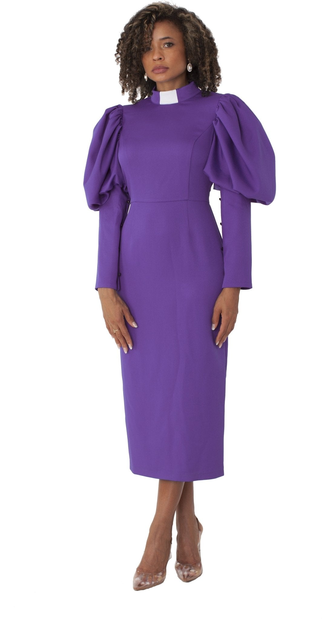 Plus Size Women's Clergy Dress with Puff Sleeves and Classic Collar - 4813W - Especially Yours