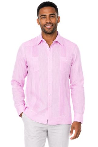 Men's 100% Linen Two-Pocket Design Guayabera Shirt Long Sleeve