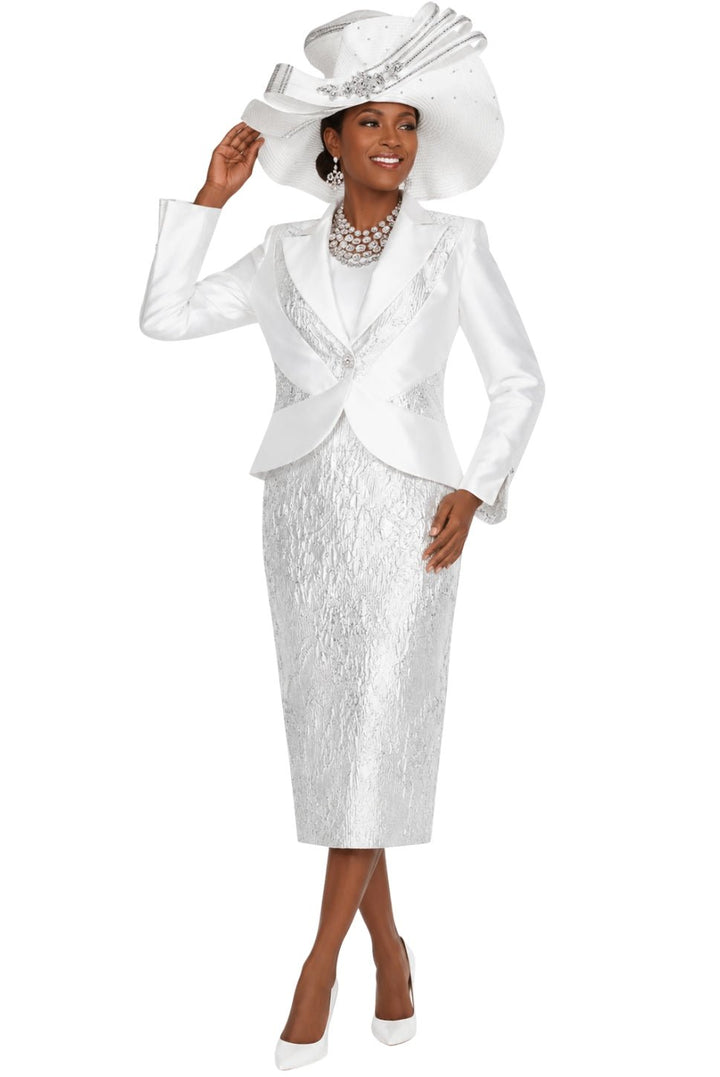 Elegant White Metallic Pattern Church Dress Suit with Rhinestone Jacket