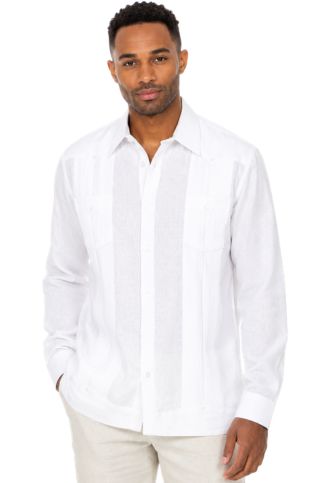Men's 100% Linen Two-Pocket Design Guayabera Shirt Long Sleeve