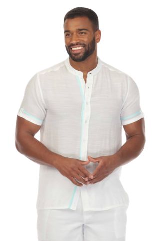 Men's Beach Mandarin Collar Button Down Two Tone Shirt Short Sleeve