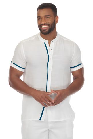 Men's Beach Mandarin Collar Button Down Two Tone Shirt Short Sleeve