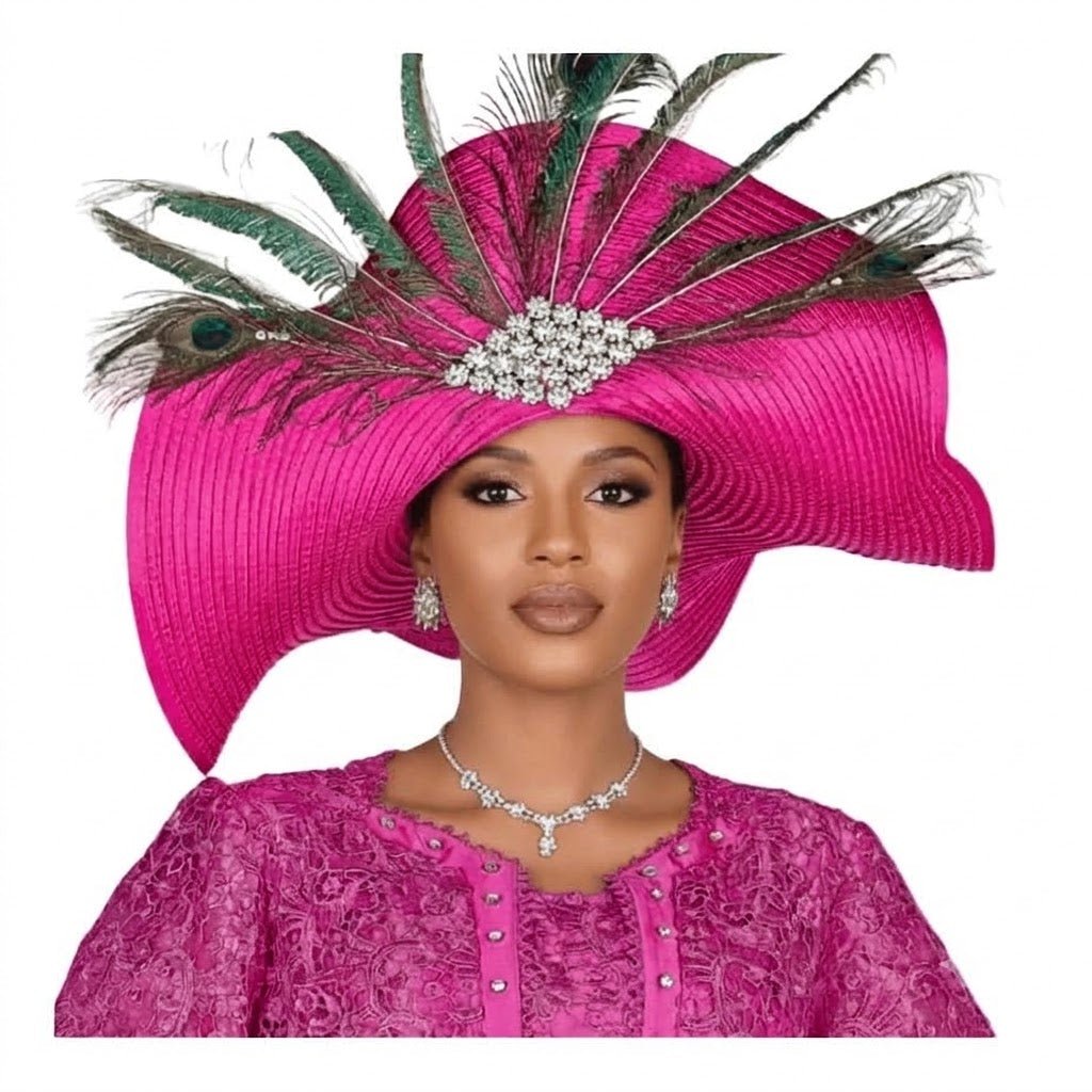Stunning Wide Brim Church Hat with Elegant Peacock Feather & Rhinestone Embellishments - Especially Yours