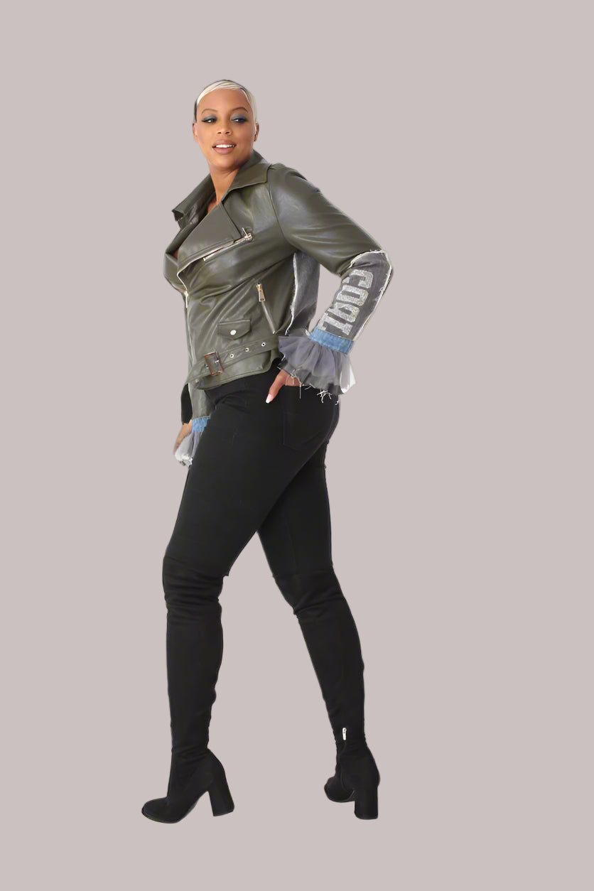 Leather Jacket with Denim Patchwork & Tulle Cuffs - 81827 - Especially Yours