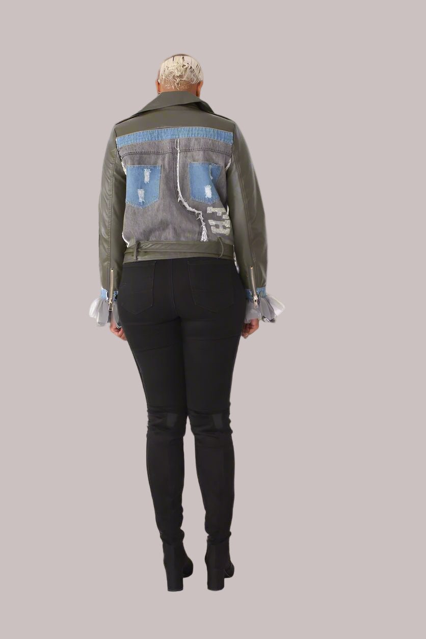 Leather Jacket with Denim Patchwork & Tulle Cuffs - 81827 - Especially Yours