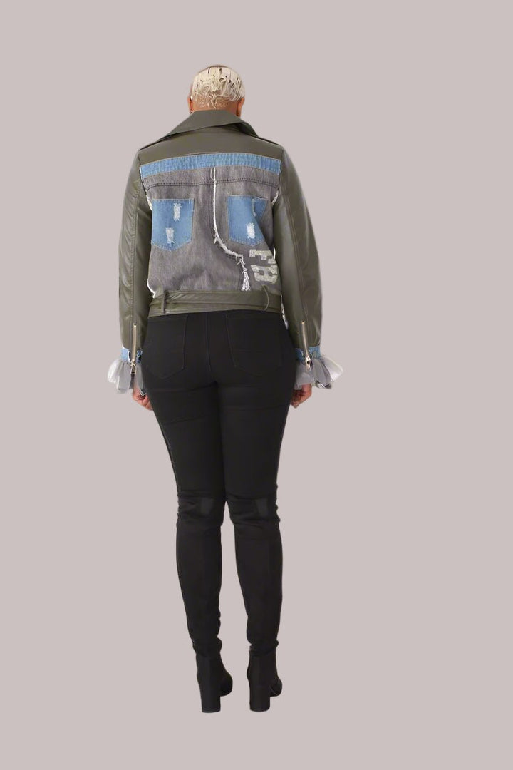 Leather Jacket with Denim Patchwork & Tulle Cuffs - 81827 - Especially Yours