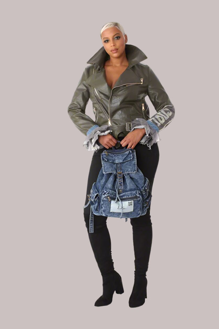 Leather Jacket with Denim Patchwork & Tulle Cuffs - 81827 - Especially Yours