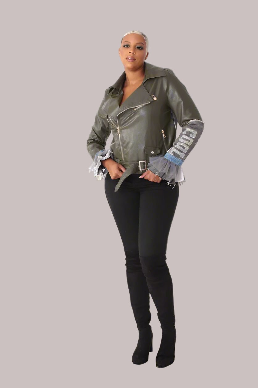 Leather Jacket with Denim Patchwork & Tulle Cuffs - 81827 - Especially Yours