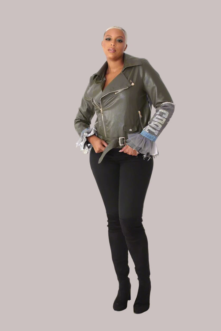 Leather Jacket with Denim Patchwork & Tulle Cuffs - 81827 - Especially Yours