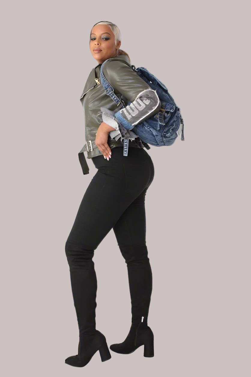 Leather Jacket with Denim Patchwork & Tulle Cuffs - 81827 - Especially Yours