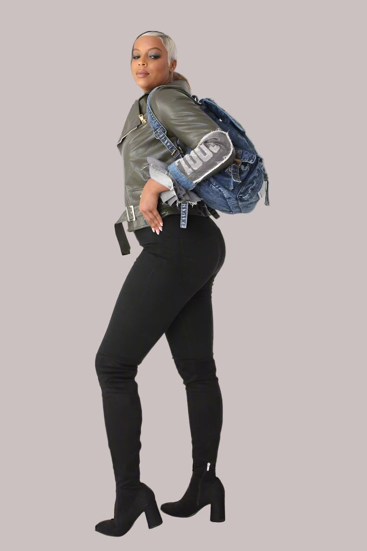 Leather Jacket with Denim Patchwork & Tulle Cuffs - 81827 - Especially Yours