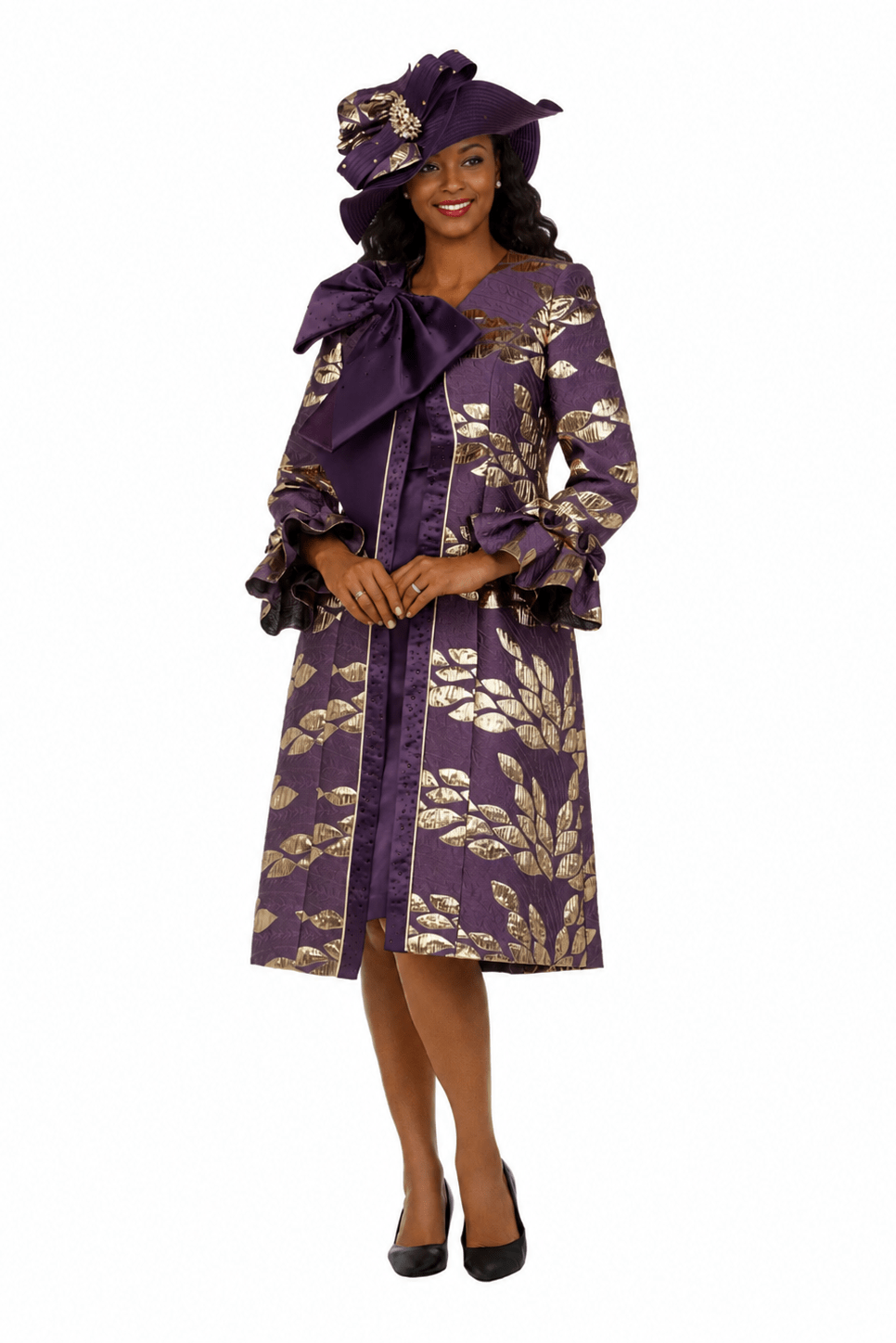 2pc Floral Brocade Coat+Satin-look Dress Set-Plus - Especially Yours