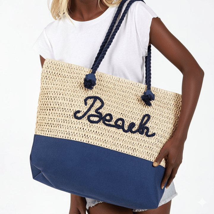 BEACH Message Embroidered Rope Handle Crochet Fabric Tote Beach Bag - Especially Yours