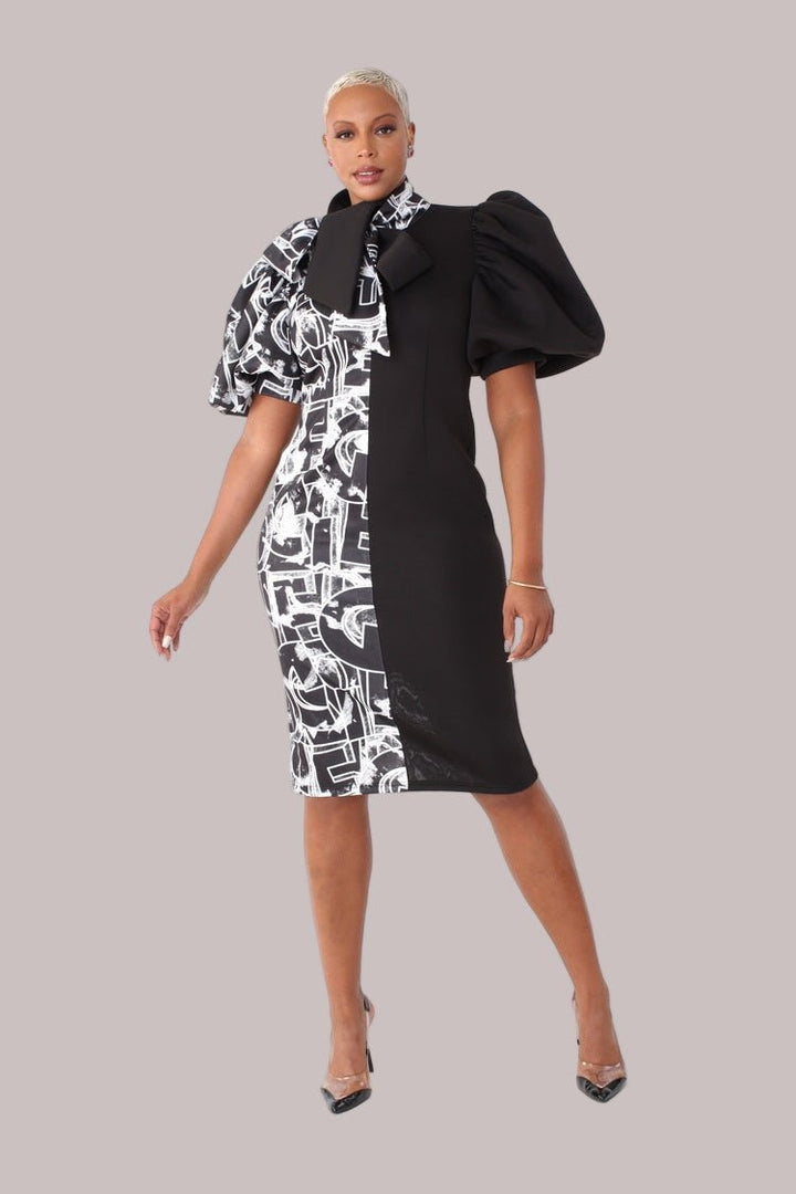 Printed and Solid Puff Sleeve Midi Dress with Bow Tie Collar - 81822 - Especially Yours