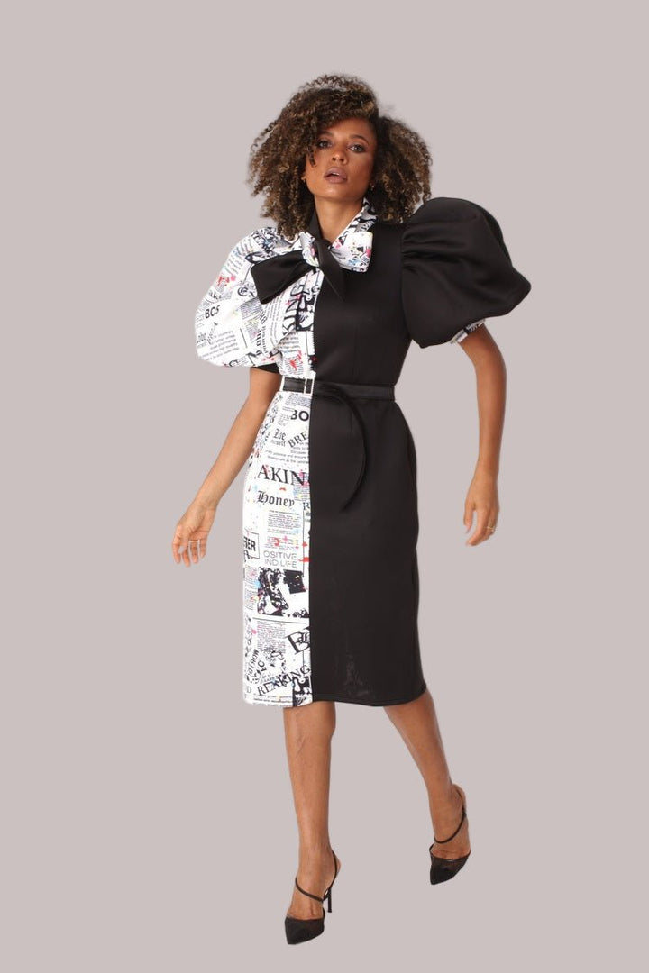 Printed and Solid Puff Sleeve Midi Dress with Bow Tie Collar - 81822 - Especially Yours