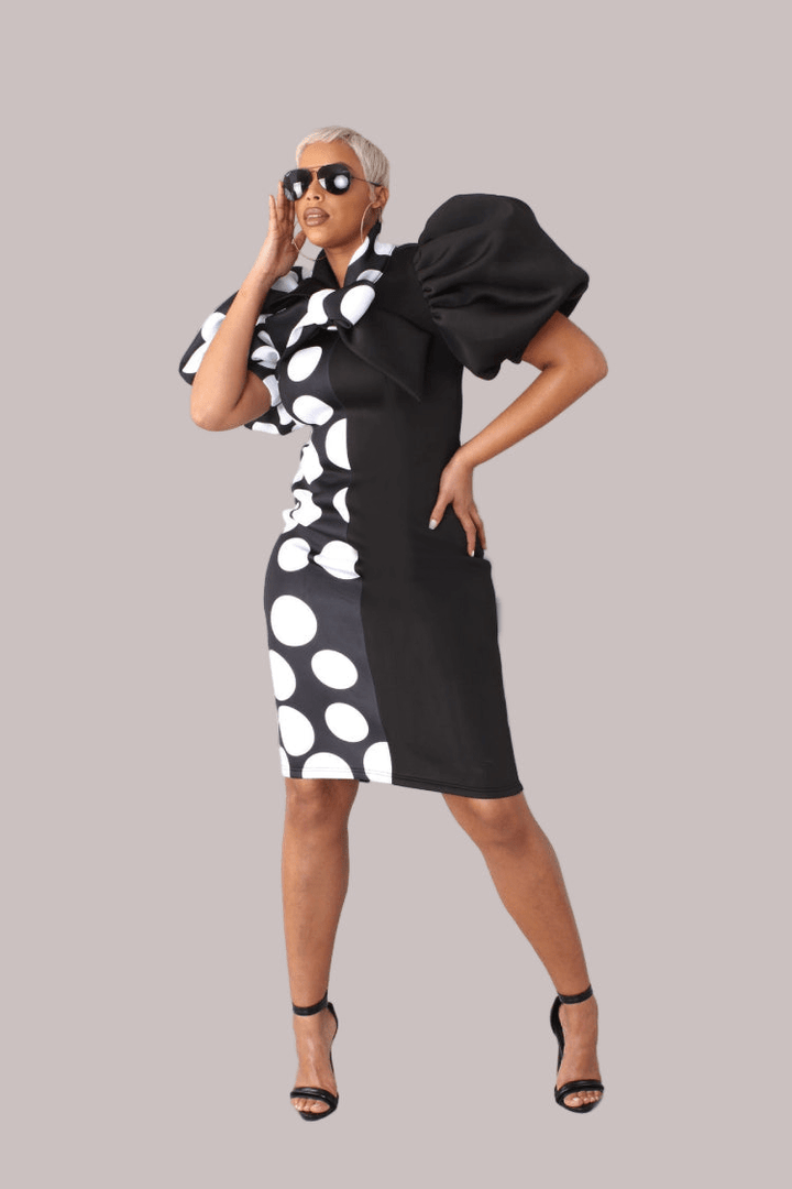 Printed and Solid Puff Sleeve Midi Dress with Bow Tie Collar - 81822 - Especially Yours