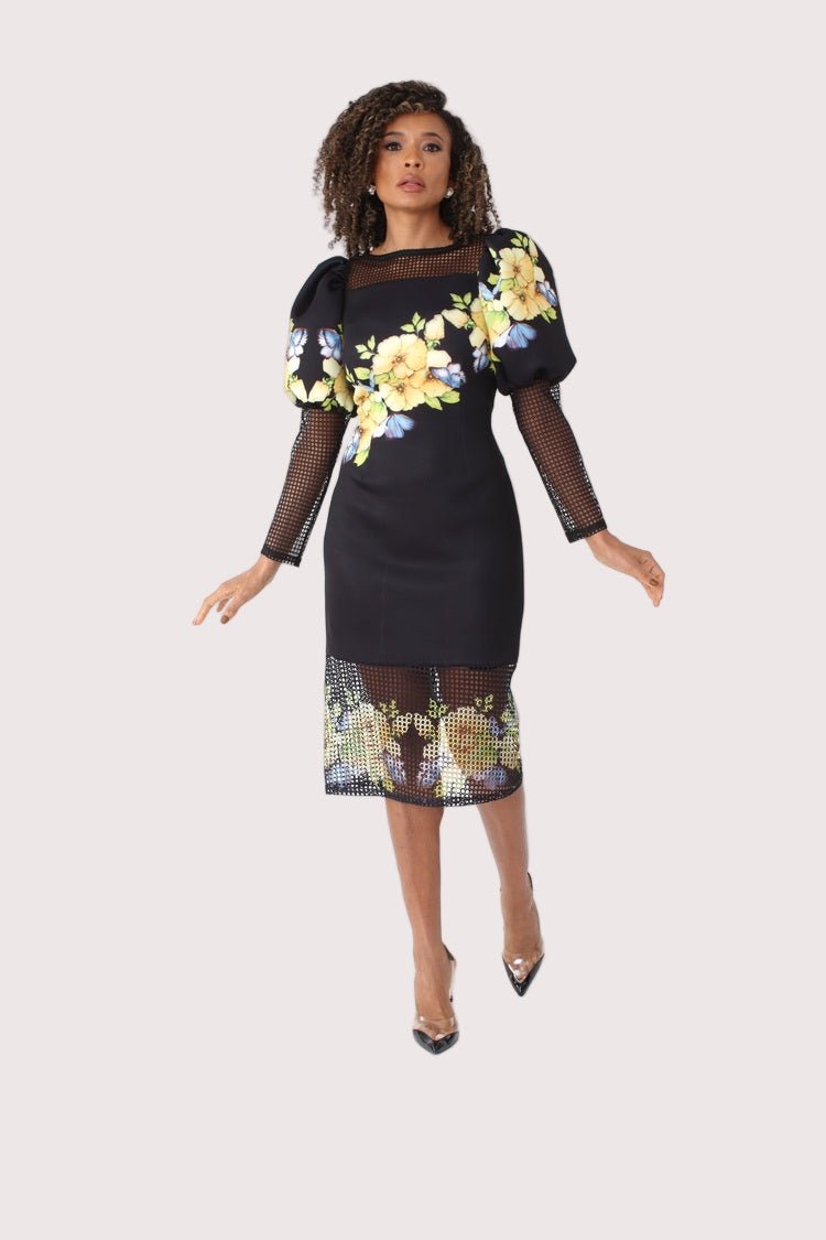 Bold Floral Mesh Puff Sleeve Midi Dress - 81946 - Especially Yours
