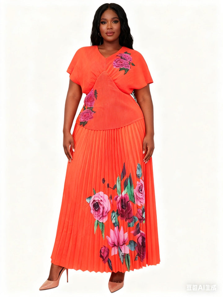 Botanical Elegance Pleated Skirt Set - 83025