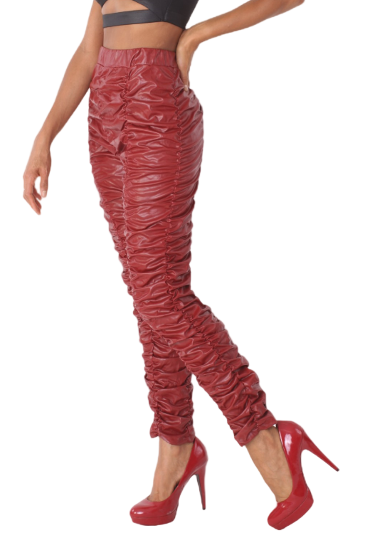 Ruched Faux Leather High-Rise Pants -81858