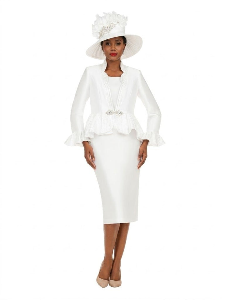 Silky 3pc Peplum Skirt Suit w/ Scalloped Trim-Plus