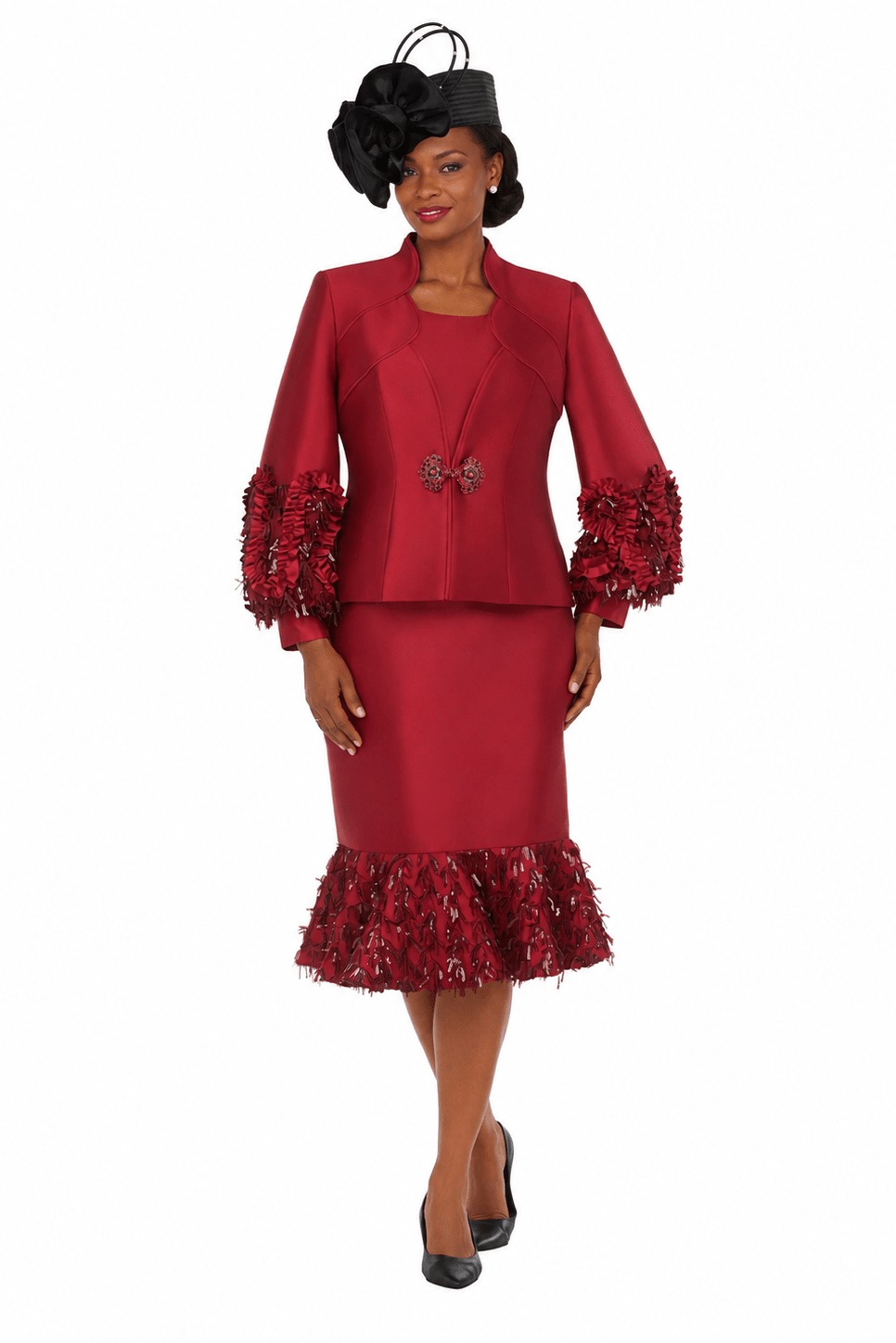 Silky Twill Sequin-Fringe 3pc Skirt Suit-Plus - Especially Yours