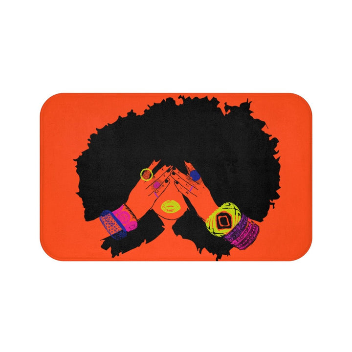 Shanell Orange Bath Mat – bold natural afro Black woman with stacked rings and bangles on red-orange background | Pardon My Fro EY