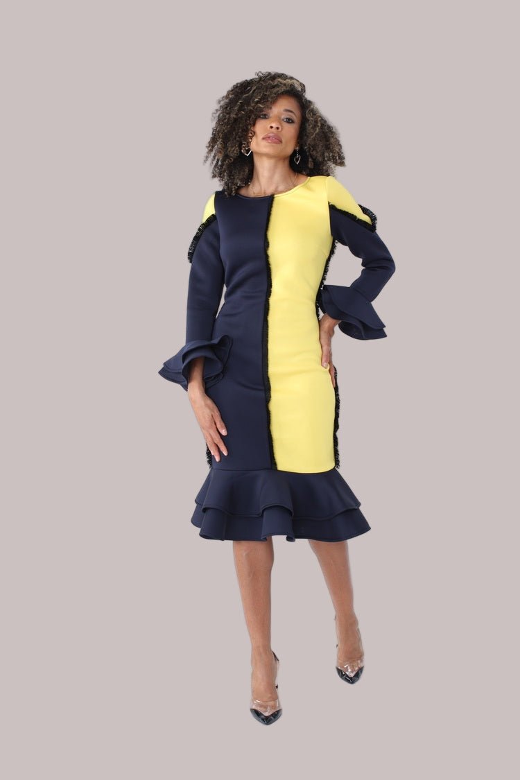 Colorblock Ruffle Midi Dress -82146 YELLOW/NAVY / S