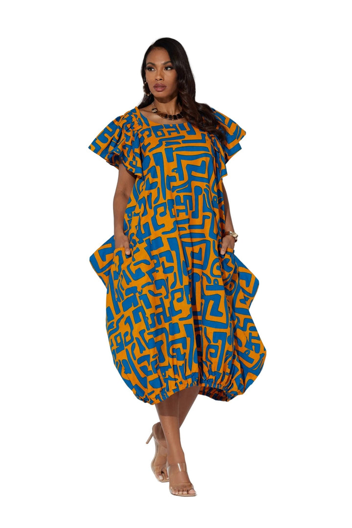 colorful printed dress for women yellow blue geometric