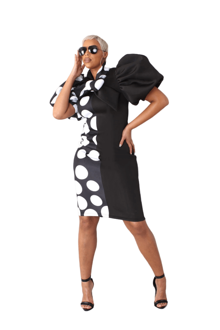 Printed and Solid Puff Sleeve Midi Dress with Bow Tie Collar - 81822 - Especially Yours