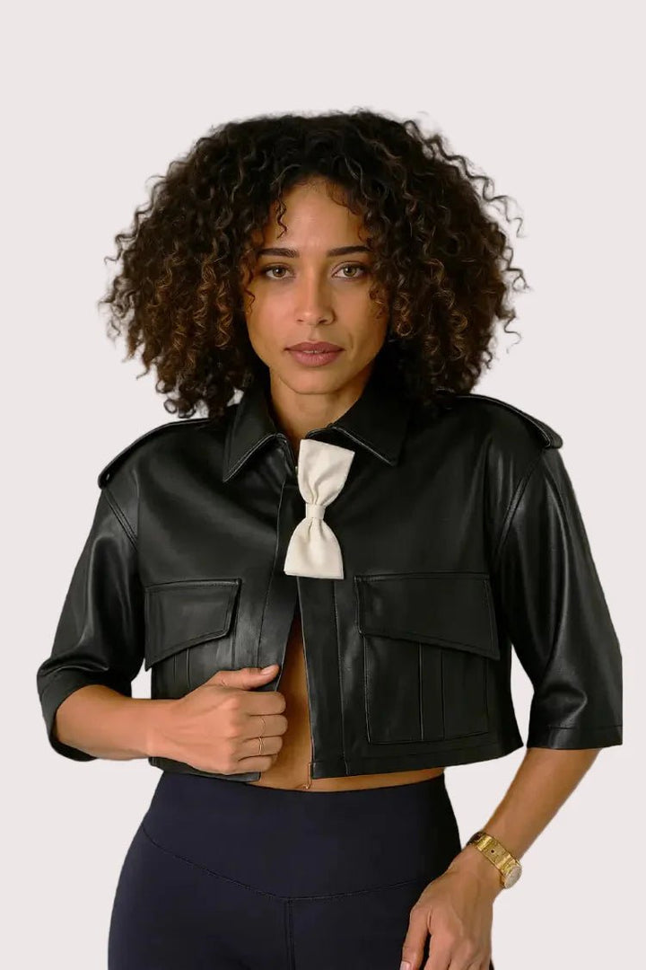 Cropped Leather Jacket with Bow Accent - 81768 - Especially Yours