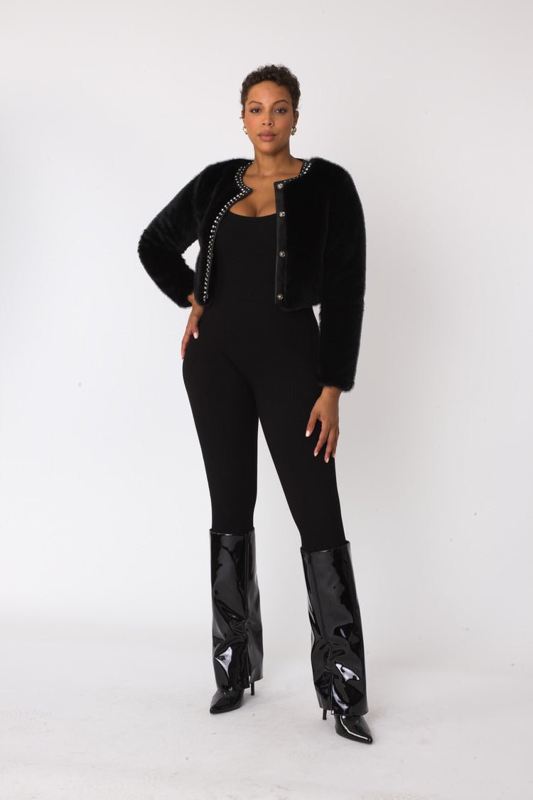 Cropped Rhinestone - Trimmed Fur Jacket - 82652 - Especially Yours