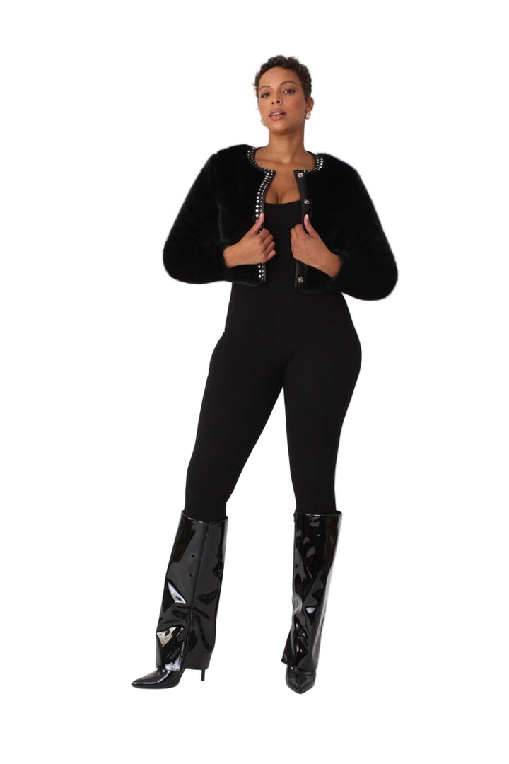 Cropped Rhinestone - Trimmed Fur Jacket - 82652 - Especially Yours