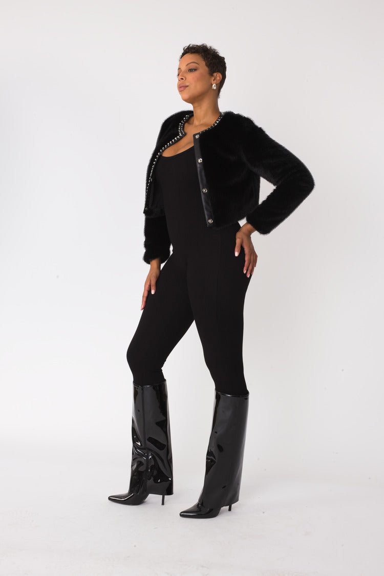 Cropped Rhinestone - Trimmed Fur Jacket - 82652 - Especially Yours