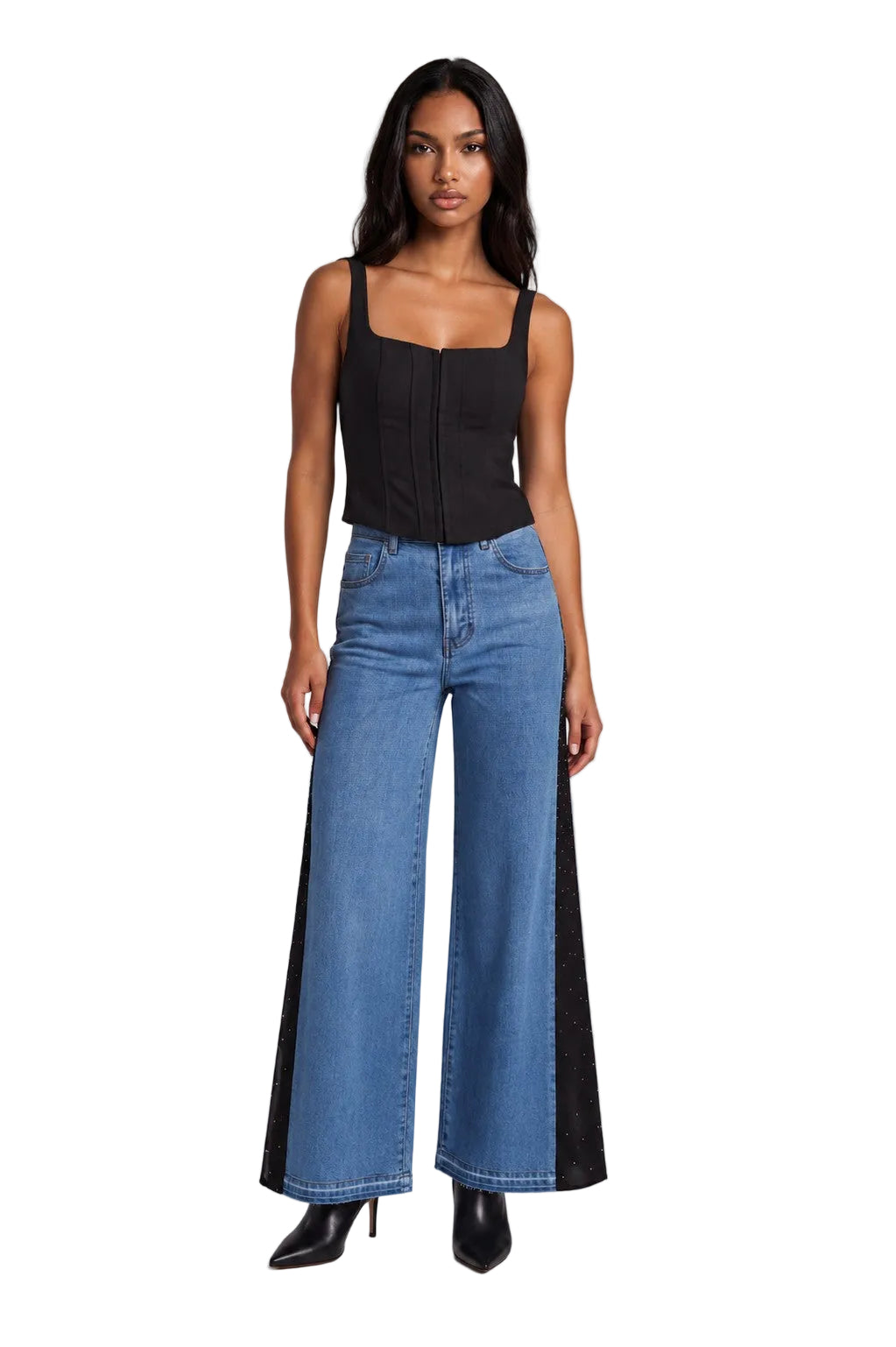 Crystal Drape Panel Denim Jeans - 83334