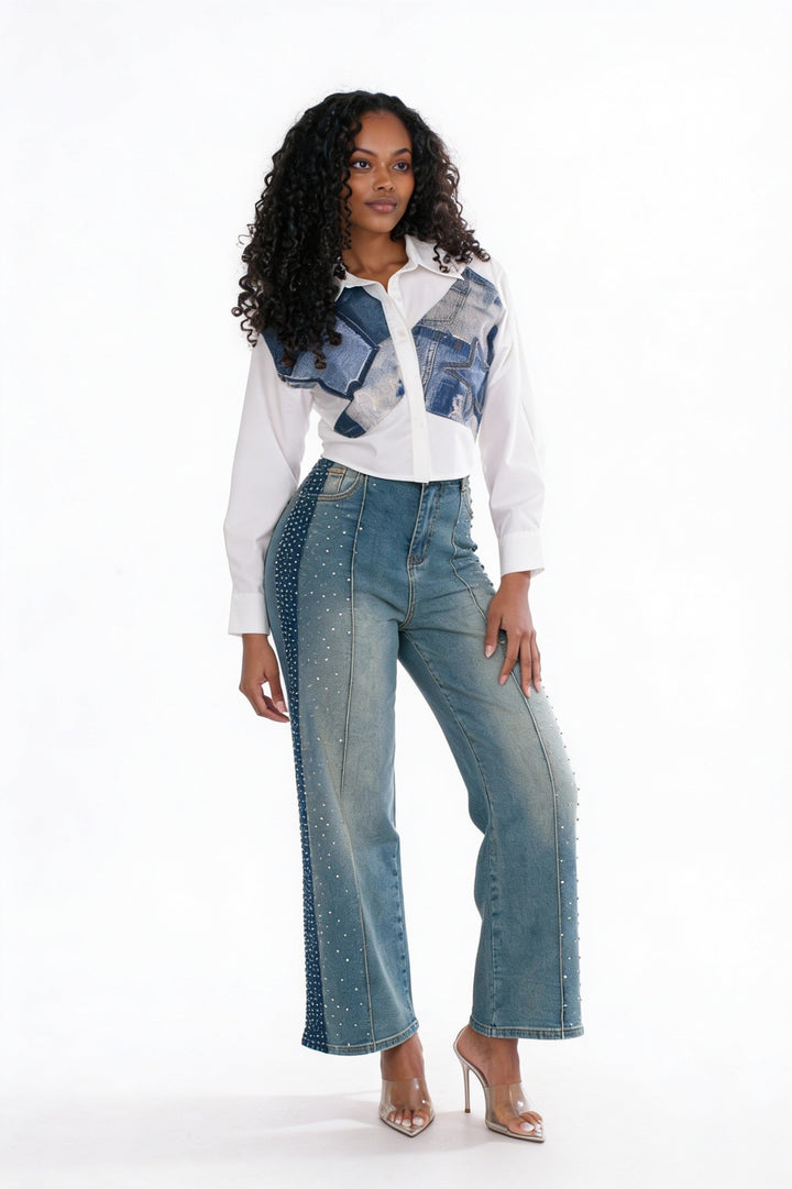 Crystal Side Panel Wide Leg Jeans - 83028
