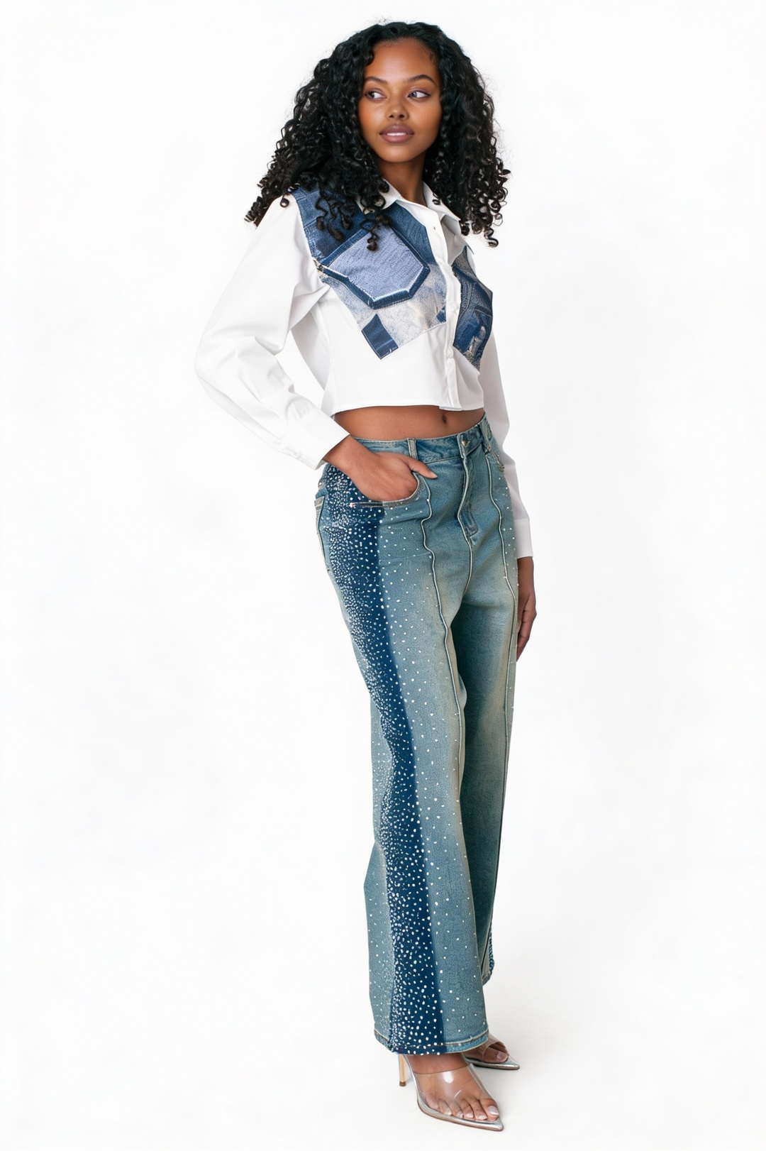 Crystal Side Panel Wide Leg Jeans - 83028