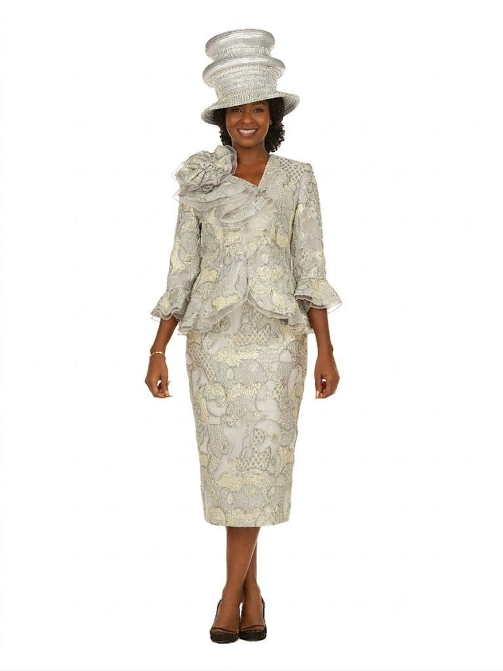 Metallic Brocade 3pc Suit w/ Organza Ruffle Jkt - Especially Yours
