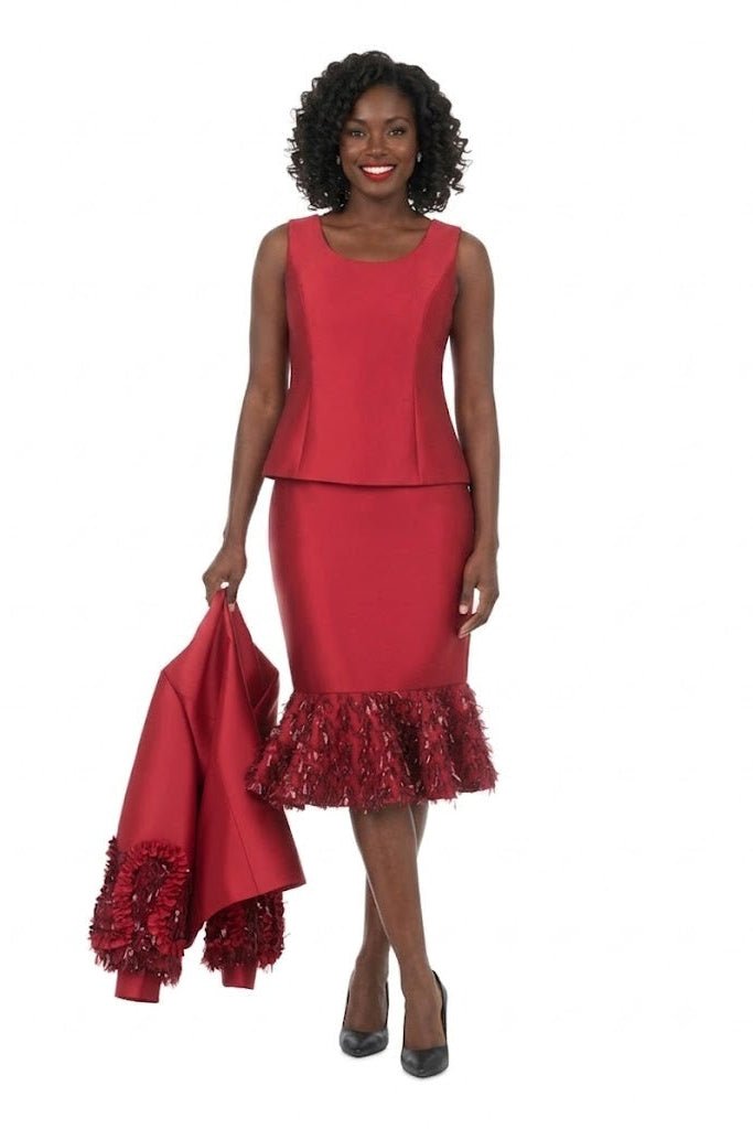 Cranberry Silky Twill Sequin-Fringe 3pc Skirt Suit - Especially Yours