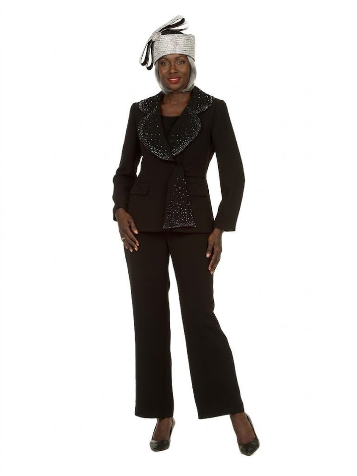 3pc Wide Collar Pants Suit with Rhinestone Detail
