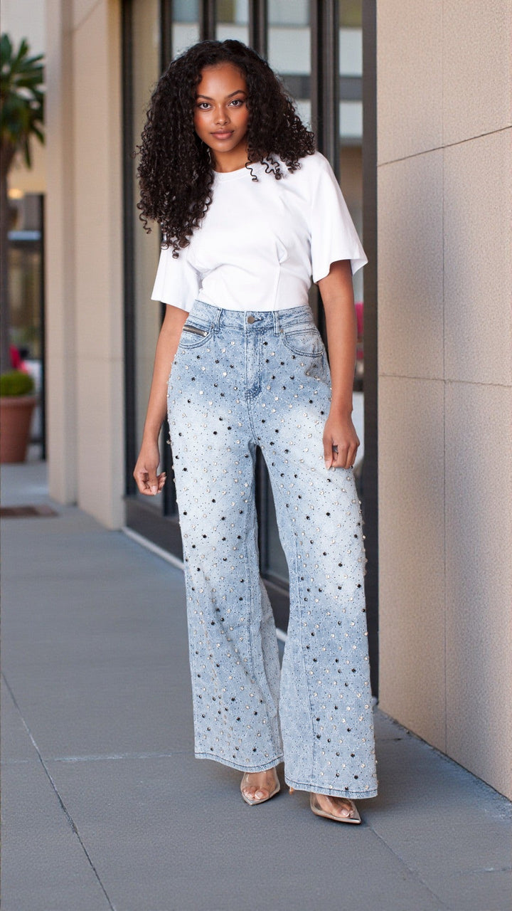 Diamond Stud Ombre Wide Leg Jeans - 83033