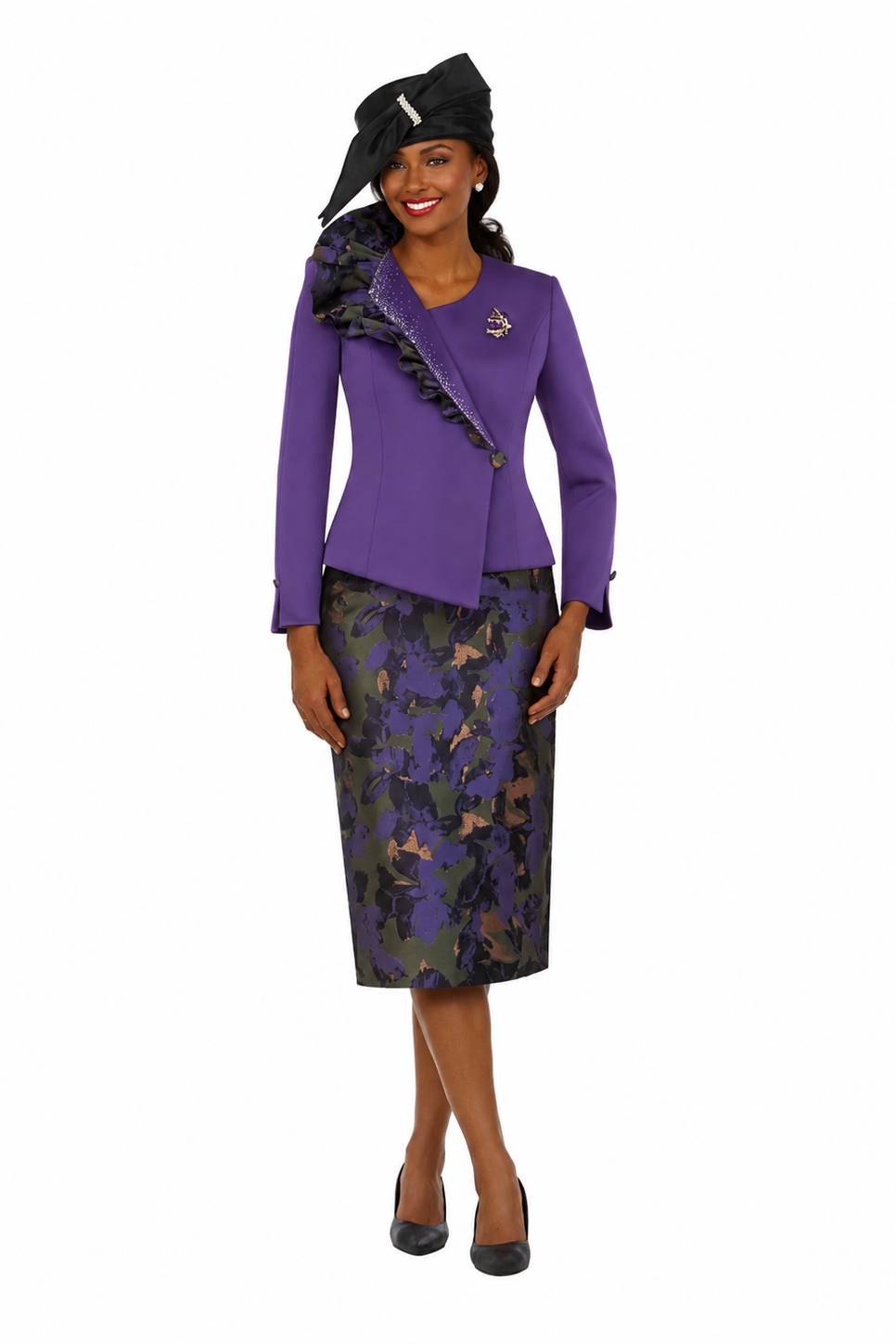 Purple Ruffle Jkt&Floral Brocade Skirt Suit-Plus