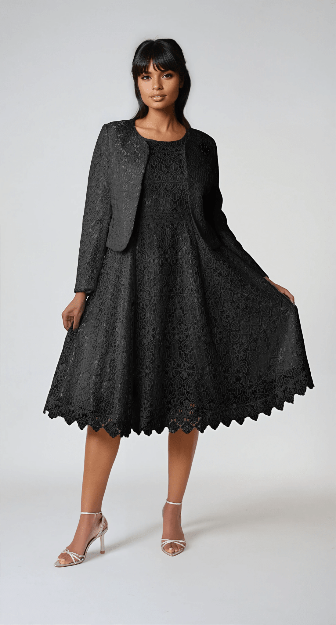 Elegant Two-Piece Lace Dress & Satin Jacket Set Black / 22