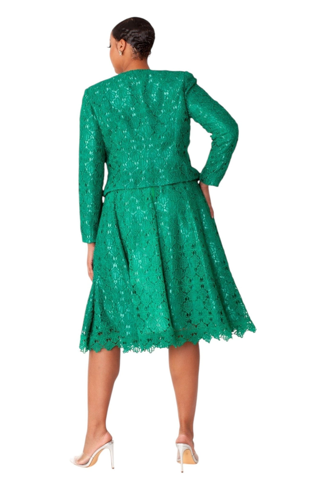 Elegant Two-Piece Lace Dress & Satin Jacket Set EMERALD / 10 Elegant Two-Piece Lace Dress & Satin Jacket Set EMERALD / 10