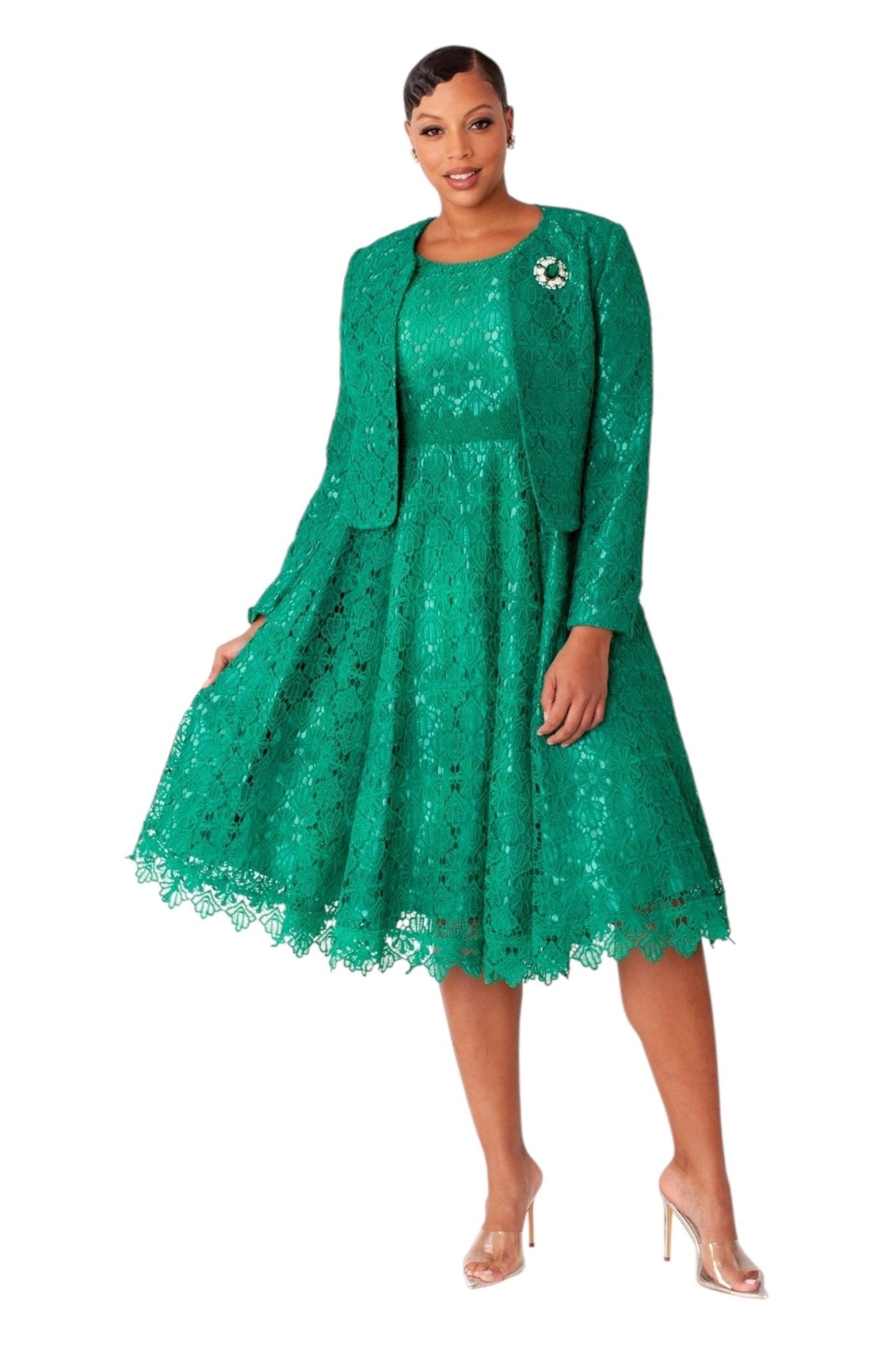 chinese dress ladies Elegant Two-Piece Lace Dress & Satin Jacket Set Emerald / 10