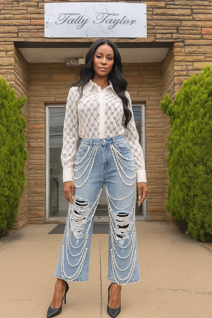 Embellished Wide Leg Denim Pants - 82776 - Especially Yours