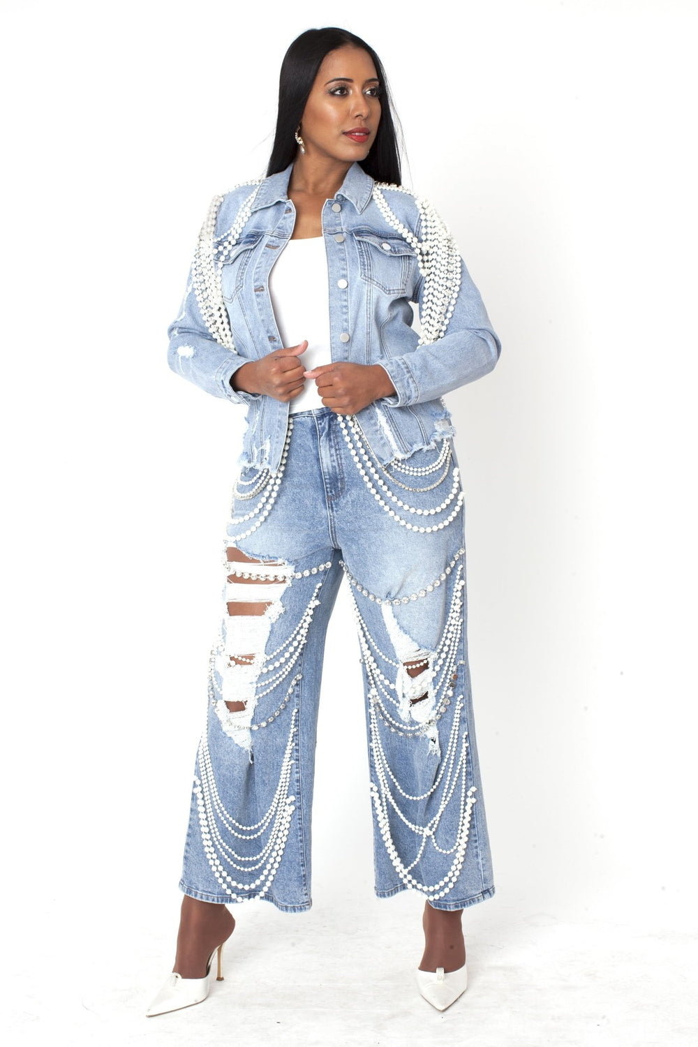 Embellished Wide Leg Denim Pants - 82776 - Especially Yours
