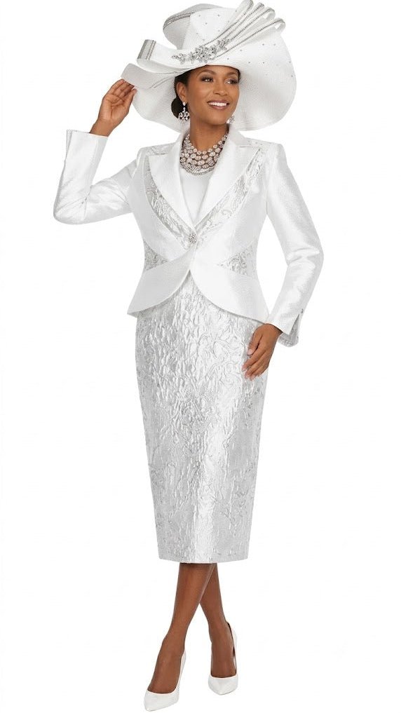 Elegant White Metallic Pattern Church Dress Suit with Rhinestone Jacket - Especially Yours